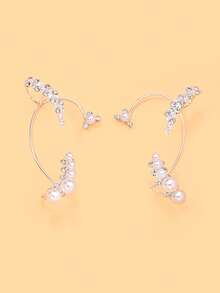 outingfit 1 Pair Women's Elegant Pearl & Rhinestone Ear Cuffs, Sparkling Rhinestone Leaf Ear Clips, Unique Personalized Earrings, Suitable For Weddings, Parties And Balls - Silver - View 3