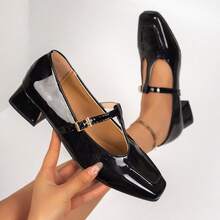 Women's Square Toe Glossy Mary Jane Shoes With Buckle T-Strap And Chunky Heel, Daily Commute Versatile Low Vamp Shoes - Black - View 3