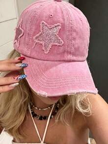 1pc Women's Y2K Baseball Cap, Star Distressed Patchwork Trucker Hat, Adjustable Soft Top Sun Hat, Suitable For Street, Daily, Outdoor, Travel, Party Outfit Accessory - Star Patch Baseball Cap - View 2