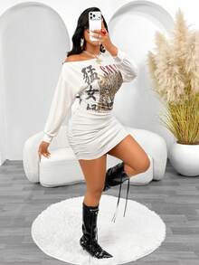 Women's Casual Leopard Print Asymmetric Collar Long Sleeve Fitted Mini Dress With Ruched Detail - Apricot - View 7