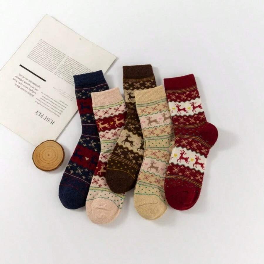 1pair/3pairs/5pairs, Autumn/Winter Retro Fair Isle Deer Jacquard Mid-Calf Socks, Christmas Reindeer Pattern Thick Warm Socks - Multicolor - View 1