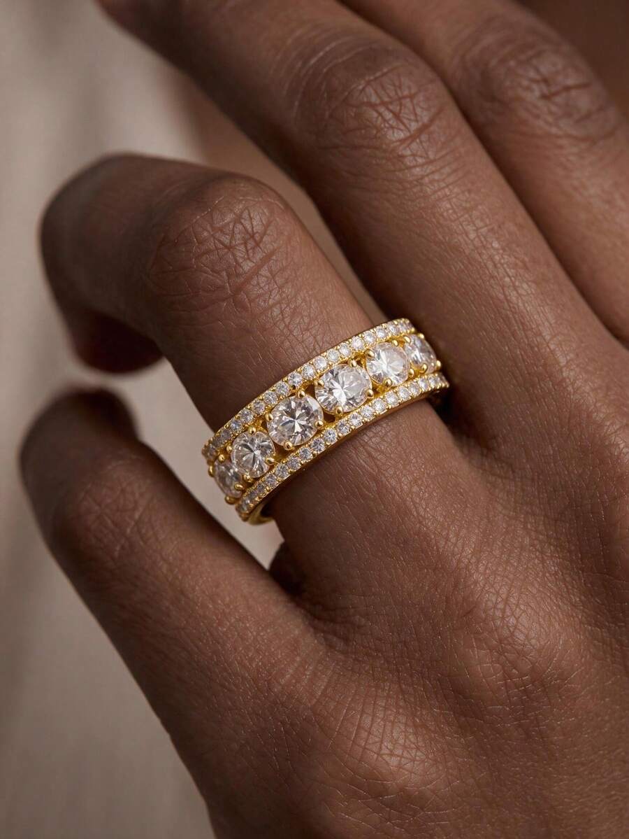 1pc 14k Gold Plated Double Row Full Zirconia Oval Diamond Ring, Luxury ...