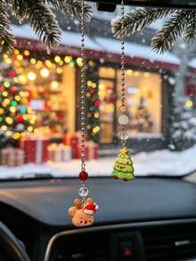 Christmas Cute Santa Claus Snowman Car Rearview Mirror Hanging Ornament, Beaded Chain Christmas Car Decor, Holiday Atmosphere Interior Decoration For Women - Christmas - View 13