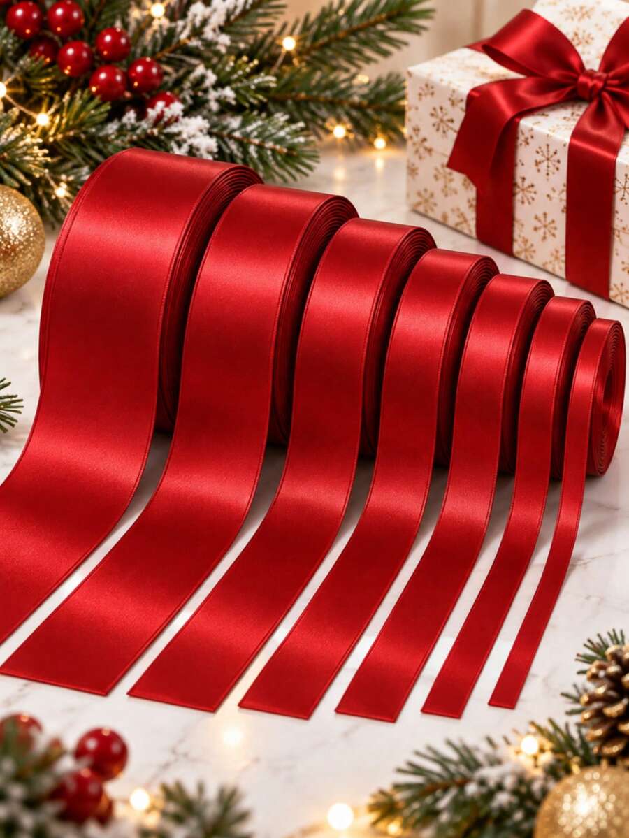 Wine Red Christmas Satin Ribbon 10 Yards Multiple Sizes Decorative Ribbon For DIY Crafts, Gift Wrapping, Bows, Parties, Weddings, Christmas Decor (Without Paper Spool) - Wine Red - View 1