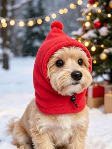 1pc Pet Christmas Hat, Soft Fleece With Pom Pom Hood, Adjustable Drawstring Warm Headwear, Suitable For Cats And Small Dogs, Holiday Party Photo Prop Pet Clothing Accessory, Holiday Pet Photo Accessory - Multicolor - View 6