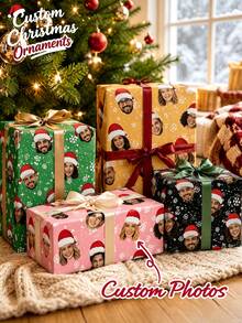 Personalized Christmas Wrapping Paper With Custom Photo Face,Custom Face Gift Wrap,Funny Santa Hat Portrait Gift Wrap For Family Friends Couples,Festive Snowflake Design,Multiple Colors For Holiday Birthday Party Gift Packaging Decor - Multicolor - View 7