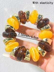 波希米亞風對比色條紋方形樹脂彈力手鍊，復古多層彩色方形珠誇張手鐲 - 多色G - 查看 15