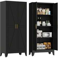 Armario de almacenamiento metálico de estilo rústico con 4 niveles, 2 puertas correderas y 3 estantes ajustables, 155 cm, ideal para la cocina, el hogar, la oficina, el garaje o la sala de estar, color blanco. - Negro - Ver 1