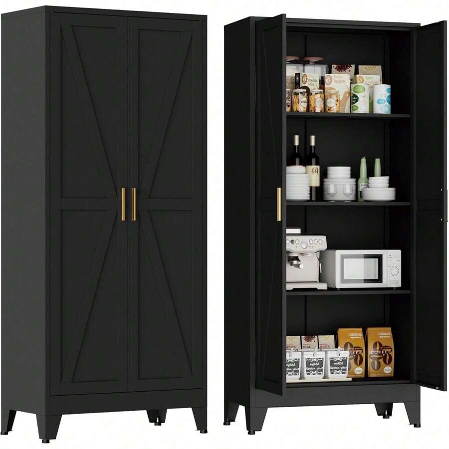 Armario de almacenamiento metálico de estilo rústico con 4 niveles, 2 puertas correderas y 3 estantes ajustables, 155 cm, ideal para la cocina, el hogar, la oficina, el garaje o la sala de estar, color blanco. - Negro - Ver 1