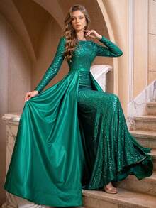 Romagic Boat Neck Geometric Pattern Conservative Party Dress For Mature Women With Back Tie Detachable Skirt Formal Evening Party Autumn Fall Winter - Green - View 5