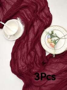 3PCS Wine Red Cheesecloth Table Runner, Boho Gauze Tablecloth, Crinkle Semi-Sheer Table Runner For Wedding, Birthday, Baby Shower, Party, Dinner, Event & Home Table Decor - Multicolor - View 8