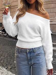 Women's Solid Color Knit Shoulder Long Sleeve Sweater, Elegant Casual Top For Autumn Winter Daily Dating & Vacation - White - View 5