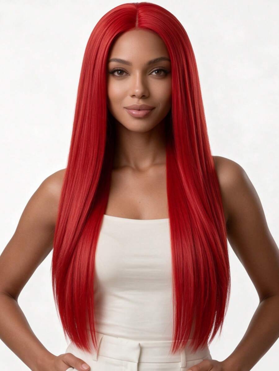 Wig Pesta Merah Modis untuk Wanita, Alami dan Halus, Tidak Kusut, Cocok untuk Semua Pakaian Sehari-hari dan Acara Pesta Wanita. - merah - View 1