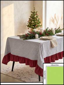 1pc Blue & White Striped Patchwork Red Bottom Edge Tablecloth, Country Vintage Style Rectangular With Red Ruffle Hem Decor, Protects And Beautifies Tabletop, Suitable For Christmas, Holiday And Winter Home Decor - Blue - View 16