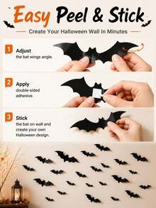 60pcs Halloween 3D Bat Wall Stickers, 4 Sizes Foldable Black Flying Bats With Adhesive Backing, DIY Wall Decals For Home, Bedroom, Doors, Windows And Party Decoration - View 4