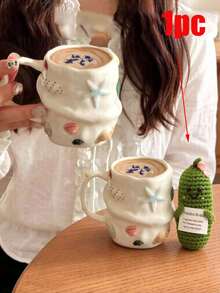 300ml Creative Summer Shell Embossed Ceramic Coffee Cup And Inspirational Decor Set/Single Item, Pure Handmade Hand-Painted Ceramic Mug, Cute Niche Drinking Cup, Latte Art Cup, Girly Gift Cup, Vintage 3D Hand-Painted Casual Cup, Starfish Shell Asymmetrical Ceramic Mug, Creative Tea Cup - Multicolor - View 15