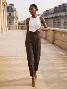 Solid Color Woven Fabric Button Pocket Women's Cargo Pants, Wide-Leg Casual Trousers - Chocolate Brown - View 5