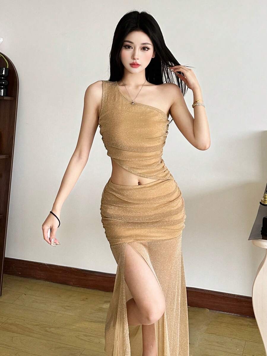 Women's Elegant Sexy Shiny Asymmetric Neckline Backless 2 Pieces Slim Fit Dress Set, Suitable For Evening Party - Gold - View 1