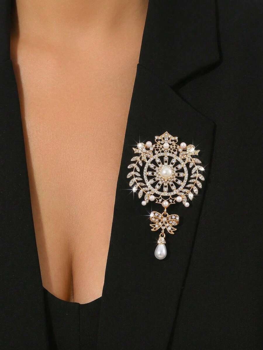 1pc European And American New Rhinestone Flower Pearl Tassel Brooch, Alloy Fashion Brooch Accessory - GZ0005. - View 1