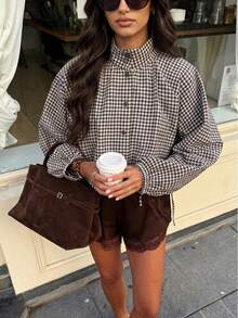 Women's Plaid Casual Versatile Everyday Long Sleeve Jacket - Coffee Brown - View 2