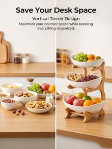 3-Tier Fruit Basket Storage Wooden Rack - Kitchen Fruit & Vegetable Storage Rack, Home Decor, Kitchen Countertop Fruit Basket, Large Capacity Multi-Layer Fruit Basket, European Style Dried Fruit Tray, Bamboo Wooden Rack Home Tray (Bowl Not Included) - Multicolor - View 3