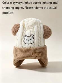 1pc Baby Cartoon Bear Embroidered Plush Ear Cable Knit Fabric Warm Windproof Cute Style Ear Protection Knit Hat Autumn/Winter Outdoor Daily - Multicolor - View 13