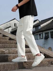 1pc Boys & Teenagers Casual Loose Outdoor Sports Linen Texture Solid Color Straight Leg Pants, Suitable For Spring, Autumn And Winter - White - View 1