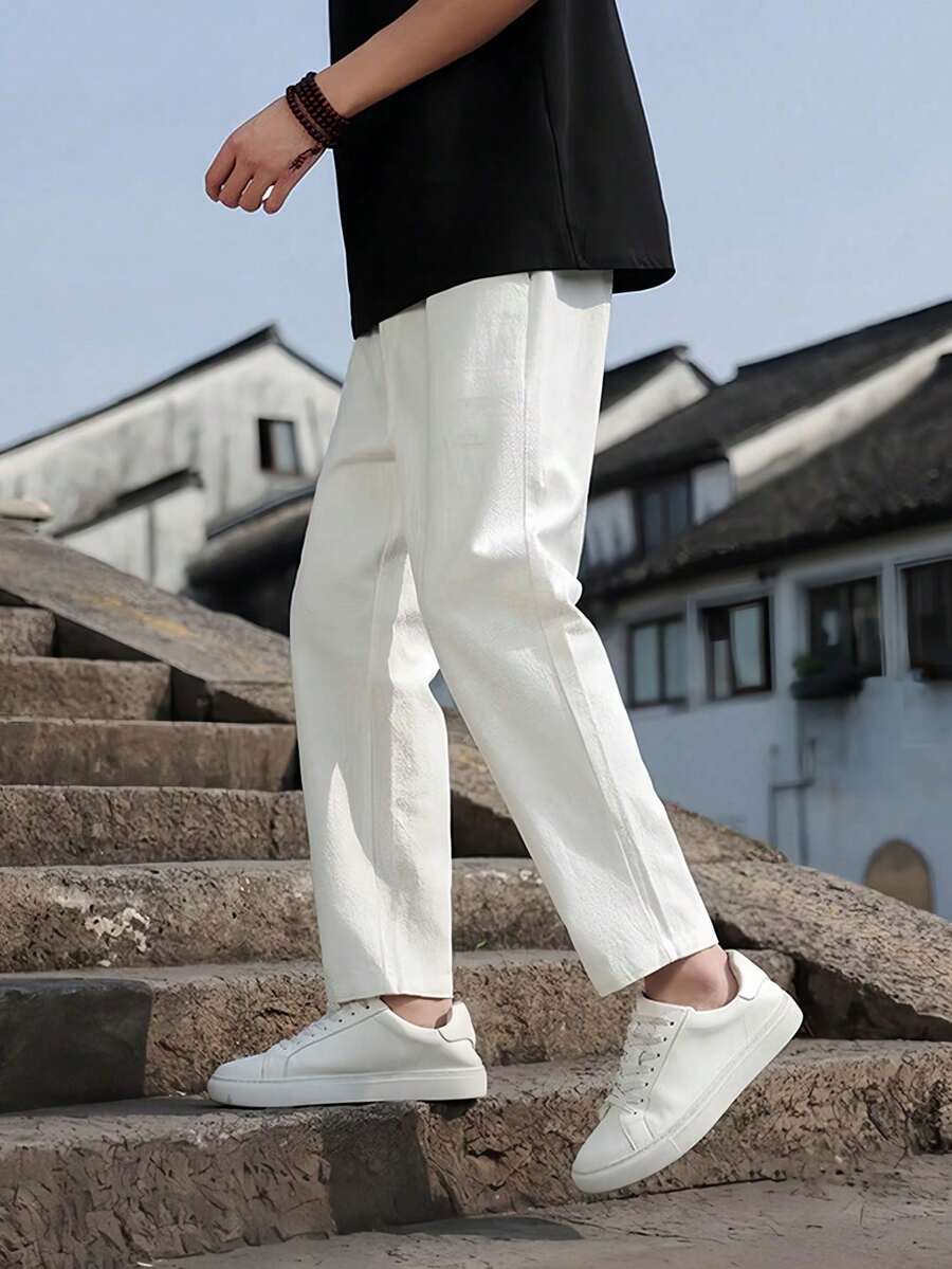 1pc Boys & Teenagers Casual Loose Outdoor Sports Linen Texture Solid Color Straight Leg Pants, Suitable For Spring, Autumn And Winter - White - View 1