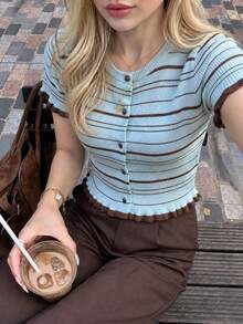 Women Striped Ribbed Knit Crop Cardigan, Round Neck Short Sleeve Button‑Front Top, Contrast Ruffle Hem Slim Fit Cropped Sweater - Multicolor - View 2