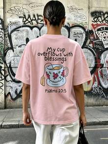 夏季新款女款針織正裝版型T恤，印有聖經經文，短袖，極簡時尚休閒粉色 - 粉色 - 查看 2