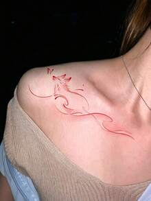 1 Sheet Red Line Art Fox Temporary Tattoo, Delicate Butterfly Fake Tattoo Stickers For Collarbone Shoulder, Water Transfer Body Art Tattoo For Women Party Decor - Red - View 4