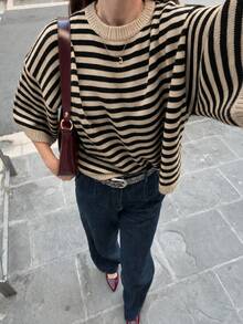 Women's New Autumn Contrast Color Striped Knit Top, Casual Daily Commute College Style - Khaki and Black - View 7
