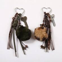 1pc Y2K Coquette Heart Keychain, Leopard Ribbon Pom Pom Bag Charm, Aesthetic Purse Decoration Gift For Her - Multicolor - View 1