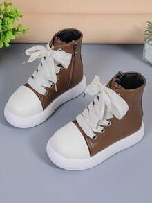 1 Pair Children's Minimalist Patchwork Round Toe High-Top Leather Boots With Unique Thick Shoelace Design, Suitable For Weekend Outings, Light Outdoor Styling, School And Commuting - Brown - View 8