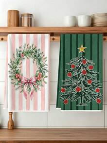 4pcs Kitchen Absorbent Towels, Made Of Polyester Material, Printed With Christmas Tree And Wreath Pattern, Suitable For Kitchen, Bathroom, Ideal Choice For Housewives And Family Gatherings, High Cost-Performance Home Decor And Room Decoration - Multicolor - View 1