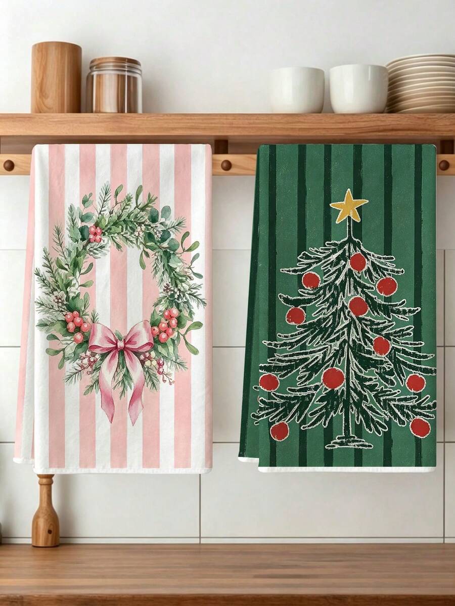 4pcs Kitchen Absorbent Towels, Made Of Polyester Material, Printed With Christmas Tree And Wreath Pattern, Suitable For Kitchen, Bathroom, Ideal Choice For Housewives And Family Gatherings, High Cost-Performance Home Decor And Room Decoration - Multicolor - View 1