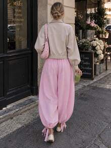 Damen Herbst/Winter Y2K Hose mit hoher Taille und Harem-Schnitt, mit Knöchel-Schleifen-Details, lässig locker geschnitten, für Urlaub und Alltag, lange Hose. - Pink - Übersicht 2
