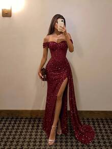 ADYCE Elegant Sequin Cold Shoulder Ruched Waist Long Dress With Tie Front Slit And Open Back, Christmas Party Formal Evening Gown For Wedding Guest, Autumn - Burgundy - View 2