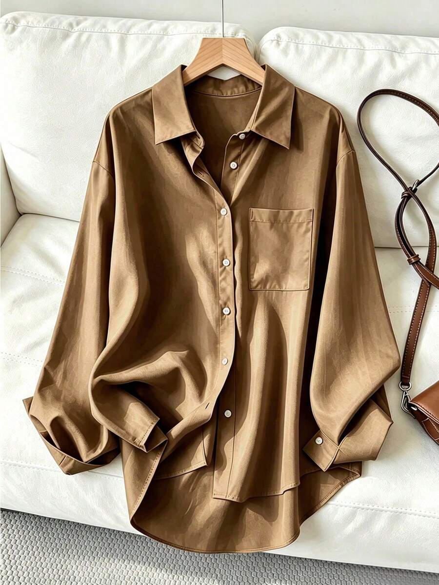 Women's Casual Loose Long Sleeve Shirt, Spring/Autumn - Camel - View 1