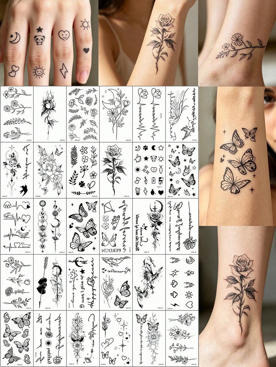 30款黑色設計紋身貼紙,包含植物、玫瑰、蝴蝶、樹枝、星星與月亮等小圖案,防水耐用,適合男女手指、手臂、頸部與鎖骨使用,適用日常、約會與旅行穿搭 - 黑色 - 查看 1