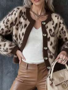 Women's Leopard Print Short Cardigan, Fashionable Round Neck Long Sleeve, Button Front, Polyester Material - Essential For And New Year Fall - Coffee Brown - View 5