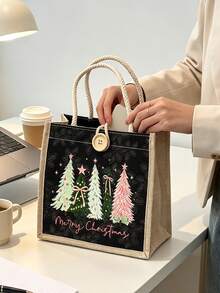 Christmas Printed Linen Tote Bag, Reusable Printed Women's Tote Bag, Large Capacity Shoulder Bag,For Friends And Best Friends, Gift For Teachers - Multicolor - View 2