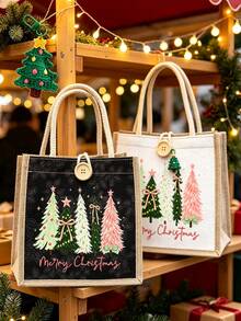 Christmas Printed Linen Tote Bag, Reusable Printed Women's Tote Bag, Large Capacity Shoulder Bag,Christmas Storage Bag, Suitable For Commuting, School And Shopping, Convenient For Outdoor Use, For Teachers, Perfect Choice For Vacation And Holidays - Multicolor - View 10