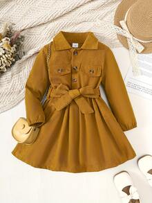 Girls' Solid Color Single-Breasted Half-Cardigan Collar Shirt Dress, Fashion Formal Dress Suitable For Spring, Summer, Autumn And Winter - Yellow - View 10