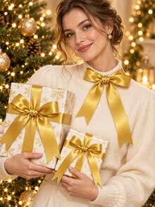 Gold Christmas Satin Ribbon 10 Yards Multiple Sizes Decorative Ribbon Satin Ribbon Suitable For DIY Crafts, Gift Wrapping, Bows, Parties, Weddings, Christmas Decorations (Paper Spool Not Included) - Gold - View 2