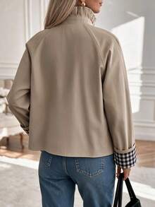 Autumn/Winter Plaid Ruffle Gathered Single-Breasted Stand Collar Rolled Sleeve Long Sleeve Loose Short Trench Coat, Daily Commute Khaki Jacket - Khaki - View 9