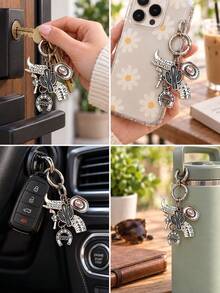 Western Cowboy Style Keychain, Poker Cowboy Hat Boots Gun Pendant Key Ring, Cactus Horseshoe Charm, Wrist Bag Keychain, Car Keychain, Gift For Women, Key Cover, Keychain Wrist Strap, Bag Charm, Wallet Charm, Christmas Gift, Women's Keychain, Key Holder, Phone Charm, Women's Car Accessories, Wallet Charm And Accessories, Phone Accessories, Teacher's Day, 67, I Grow, Bag Keychain, His Bag Holder - Multicolor - View 3