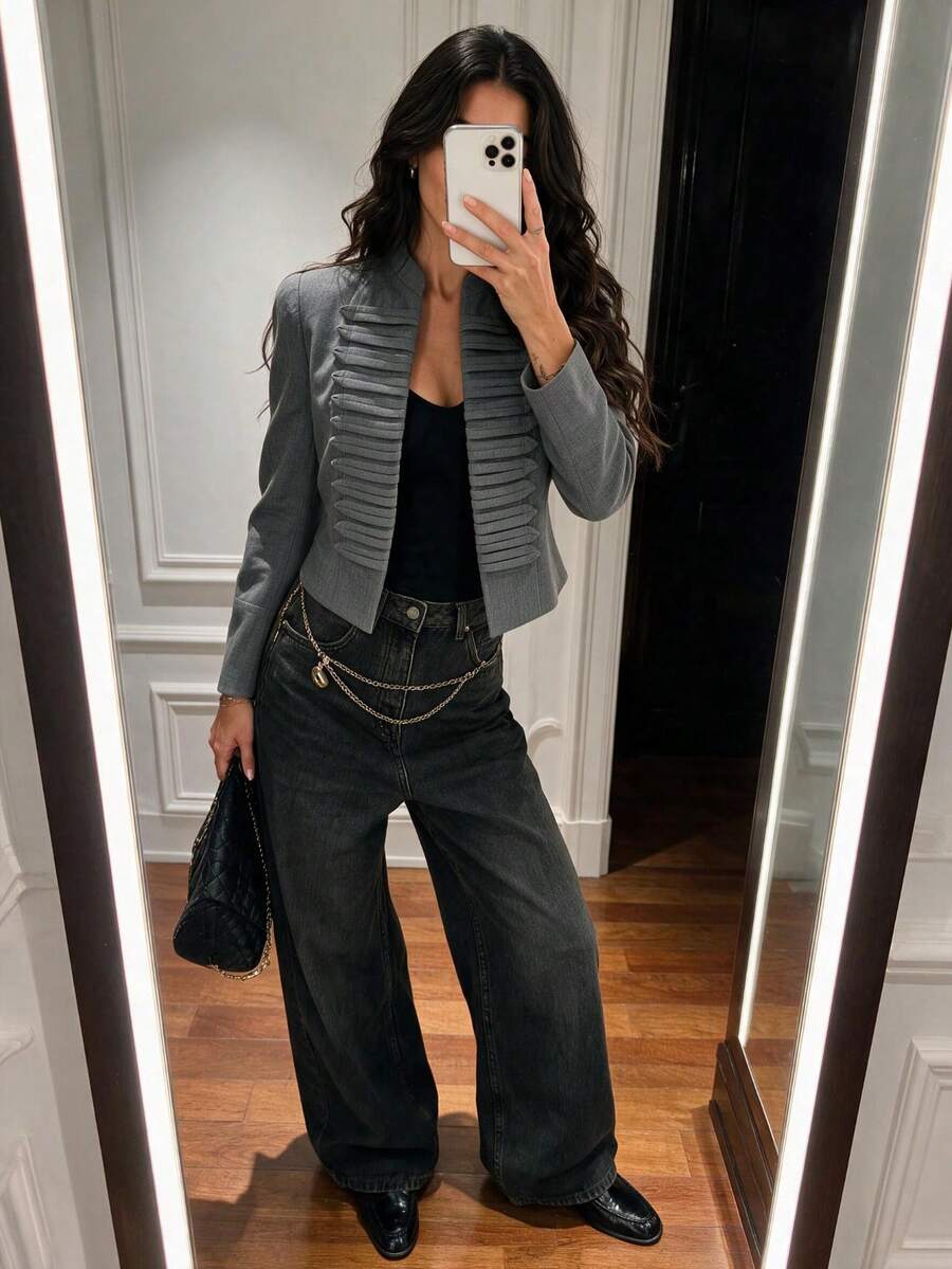 Women's Y2K Vintage Napoleon Style Stand Collar Pleated Front Open Short Blazer Jacket, Grey Streetwear Outerwear - Grey - View 1