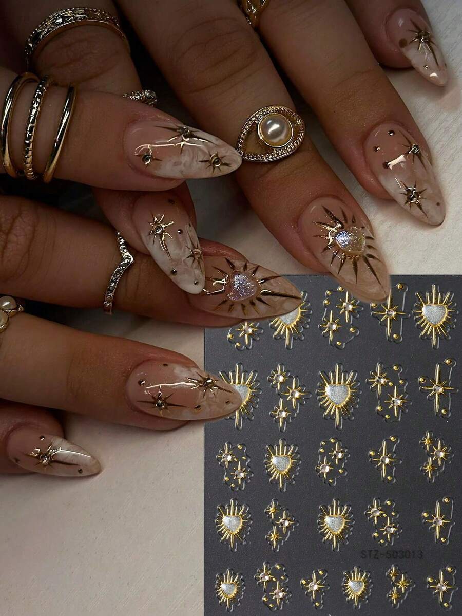 1 Sheet Of Y2K-Style Nail Stickers Featuring Shiny Gold Stars And Laser-Effect Hearts With Rhinestones; 5D Embossed Nail Art Decals, Adhesive Sliders, Nail Supplies, And DIY Decorative Nail Charms. - Multicolor - View 1