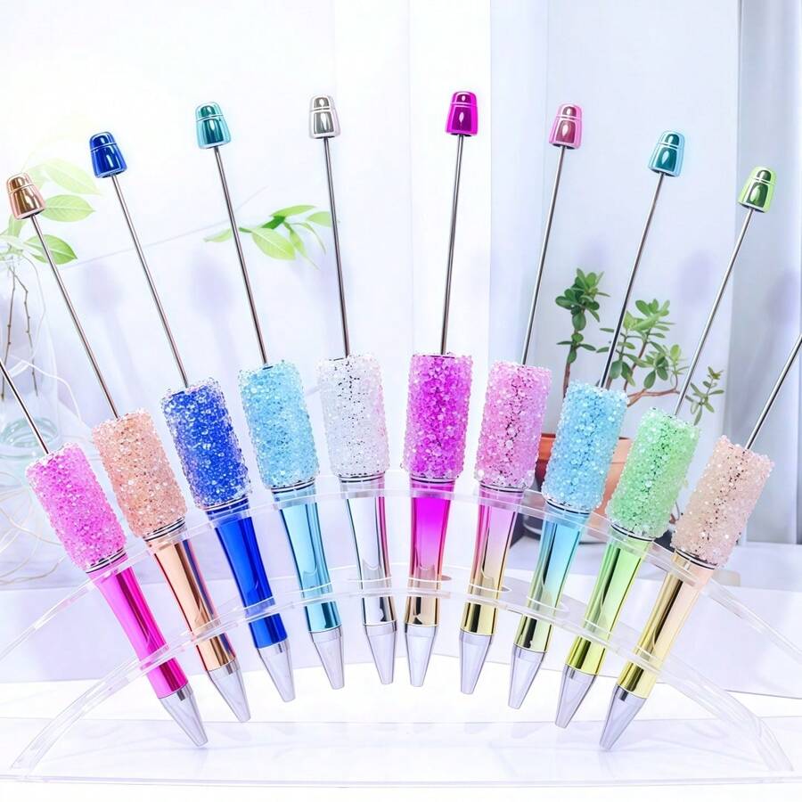 10pcs Beaded Pens Handmade Sugar Crystal Glitter UV Electroplated Rainbow Bead Ballpoint Pens For DIY Making Office School Gift Random Color